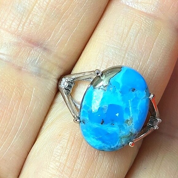 925 Sterling Silver Ring SZ 7 with Natural 12x15mm Turquoise Gemstone & CZ - Picture 7 of 12